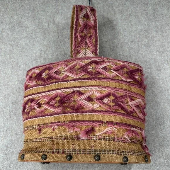 VTG Handmade Burlap Yarn Embroidered Tote Bag Geometric Stitched Pink Brown Boho - Picture 13 of 16